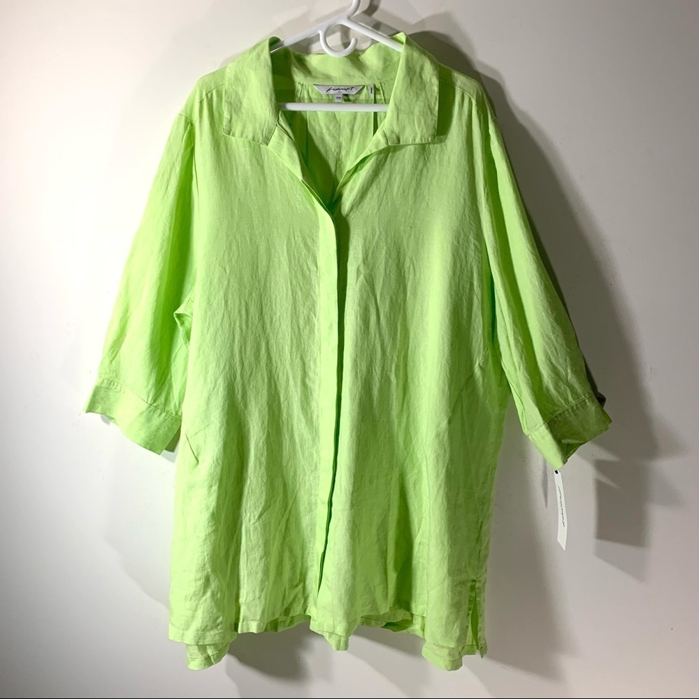 Foxcroft Linen Button Front Tunic Shirt lime green NWT Sz 20